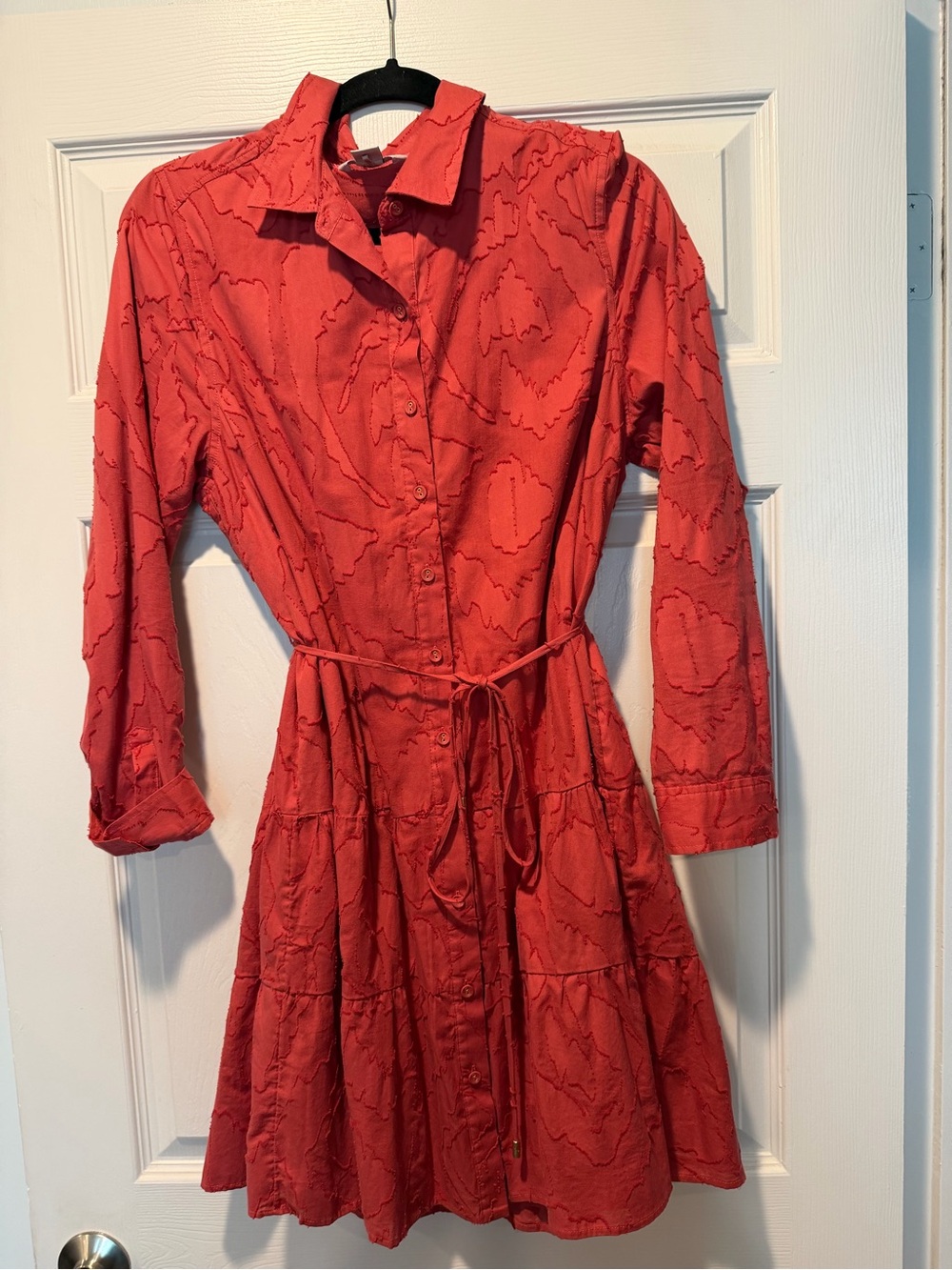 Tommy Bahama Coral Red Button-Front Tiered Shirt Dress